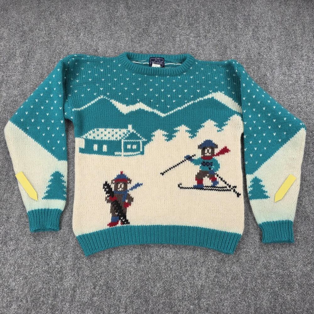Vintage Woolrich Sweater Womens Large Teal Ski Bear Scene Pure Wool Winter Fun - Picture 15 of 16